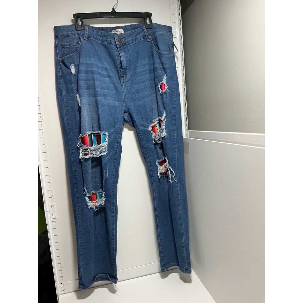Serape Patch Distressed Jeans Medium Wash Ripped Straight Leg XXL